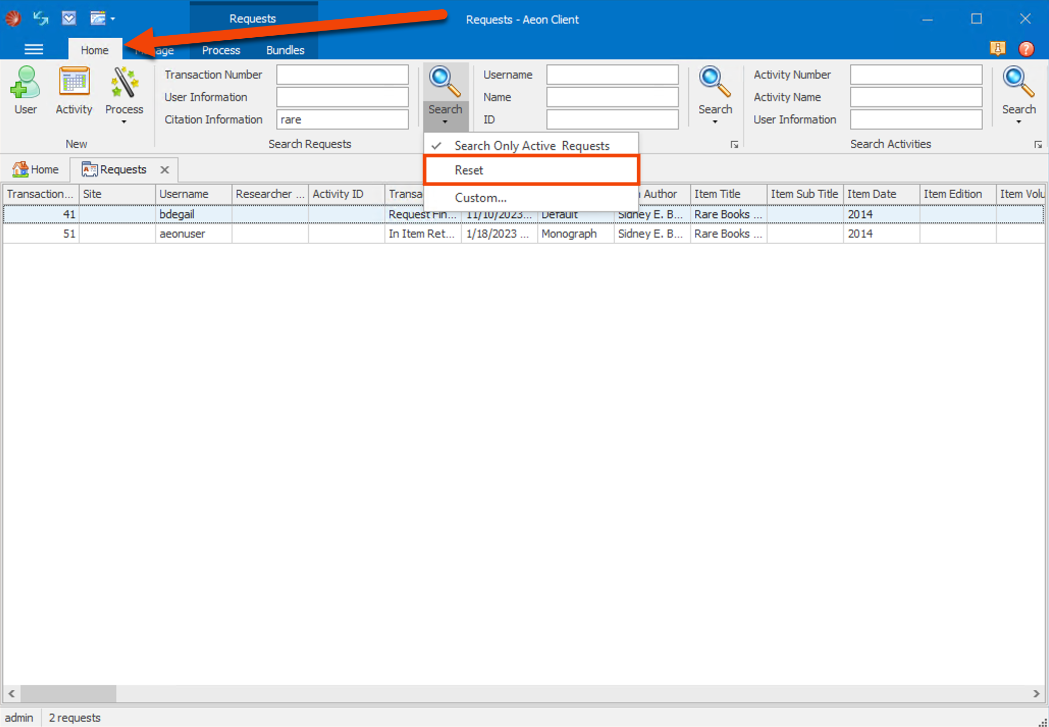 Reset search option